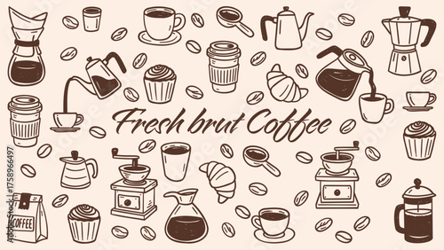 Handgezeichnete Kaffeeillustration als Vektor mit Tasse und Bohnen

