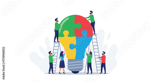 Dynamic team building a giant lightbulb from puzzle pieces to create innovative business solutions in a collaborative, modern workplace environment