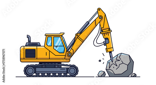 Yellow jackhammer excavator smashing rock, construction, demolition, breaking ground, ready to build, engineering, machinery, infrastructure projects