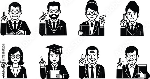 Collection of diverse professional icons representing educators lawyers and intellectuals with gestures of knowledge and ideas