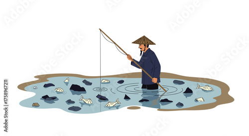 Peaceful afternoon fishing with traditional bamboo pole in shallow pond, enjoying simple pleasures and connection with nature, promoting calmness and relaxation