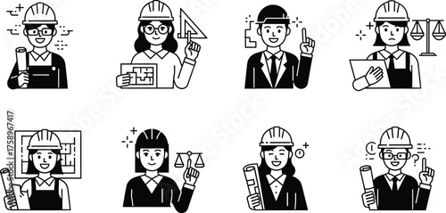 Diverse group of architects and engineers in hard hats holding blueprints and tools representing construction and design professions