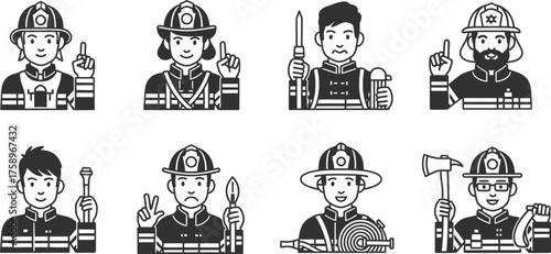 Diverse group of cartoon firefighters wearing helmets and uniforms holding various tools and equipment in a simple flat icon style