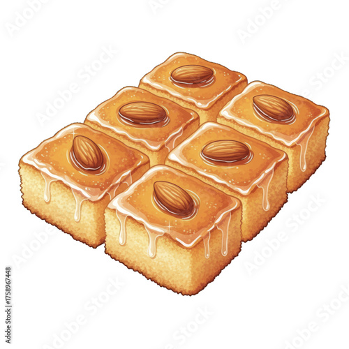 A delightful illustration of six golden-brown almond cakes, glistening with a sweet glaze and topped with whole almonds
