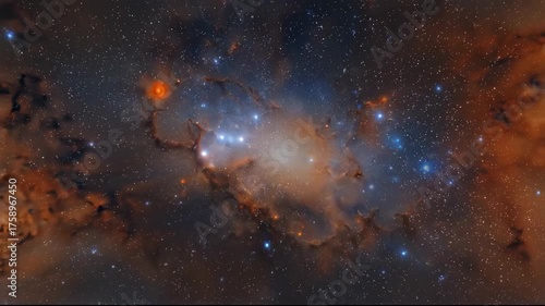 Zoom into a Vibrant Interstellar Nebula, Showcasing Its Glowing Gas, Dust, and Countless Stars