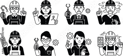 Diverse group of industrial workers and engineers holding tools and gadgets expressing various emotions and ideas