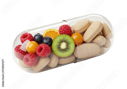 Tableau sur toile Multivitamin capsule with fruits and pills PNG isolated on transparent backgroun