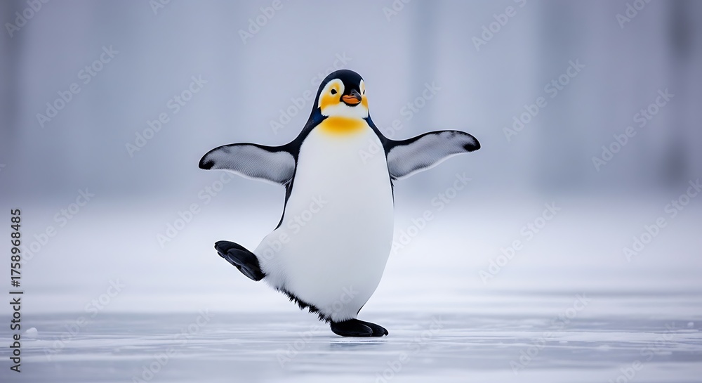 Fototapeta premium Penguin gracefully gliding on ice, showcasing balance and elegance in winter wonderland.