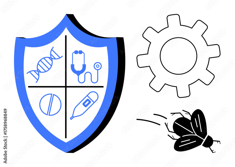Obraz premium Blue shield divided into health-related sections with DNA, stethoscope, pill, thermometer. Nearby gear and bug symbolize innovation, diagnostics, disease prevention. Ideal for healthcare