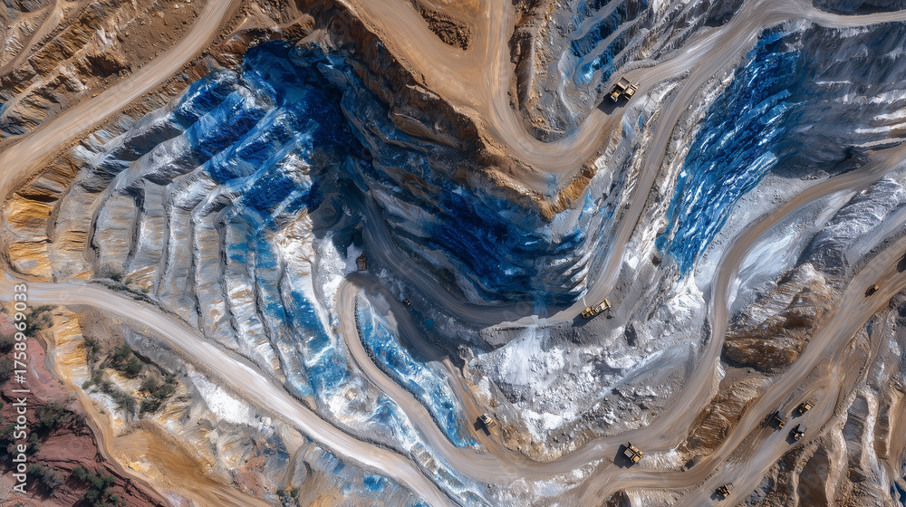 Obraz premium Aerial view of massive open-pit gold mine with winding roads, giant trucks hauling ore under blazing sun, symbolizing global gold production for trade