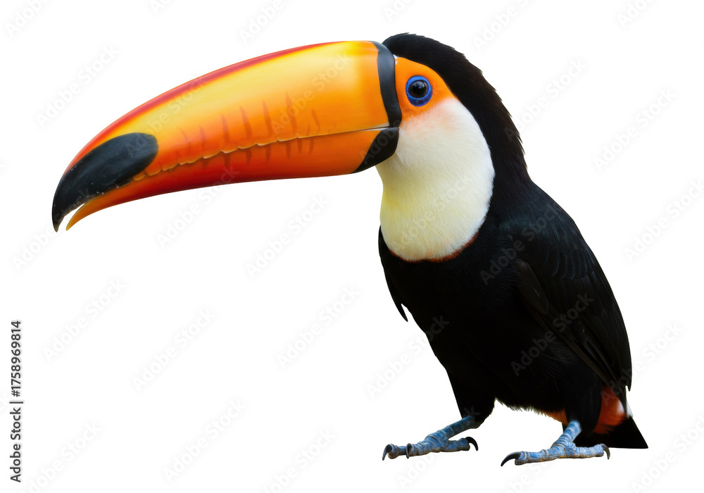 Naklejka premium Colorful toucan with large beak isolated PNG, tropical bird with black plumage and vibrant orange bill on transparent background