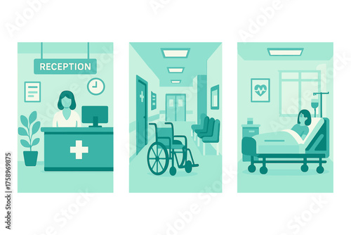 Hospital linear icons set. featuring reception, wheelchair, patient room, healthcare, clinic, and medical symbols