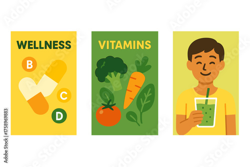 Health and wellness flat icon set. featuring supplements, vegetables, smoothie, nutrition, and wellness symbols