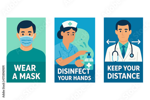 Health and safety flat icon set. featuring mask, disinfecting, and social distancing symbols