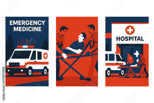 Emergency medicine silhouette icon set. featuring ambulance, hospital, stretcher, paramedics, and patient symbols