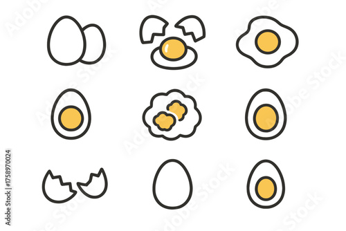 Eggs silhouette icon set. featuring whole egg, cracked, fried, boiled, scrambled, and egg yolk symbols