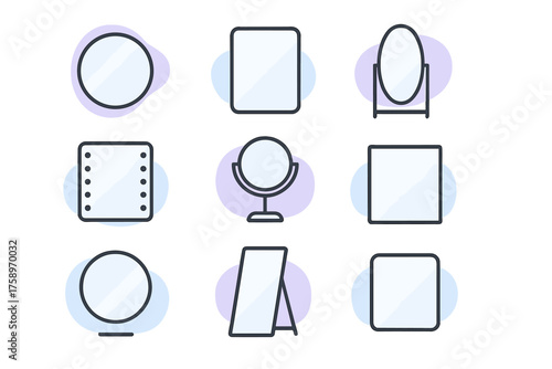 Mirrors linear icon set. featuring circular, rectangular, standing, and dressing mirrors