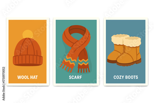 Winter clothing flat icons set. featuring wool hat, scarf, cozy boots