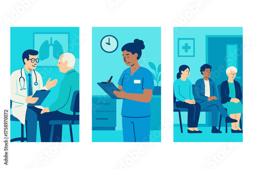 Healthcare flat icons set. featuring doctor, patient, nurse, waiting room, clipboard, medical symbols