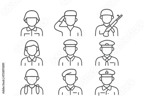 Military personnel linear icon set. featuring soldier, salute, rifle, general, officer, and cadet symbols