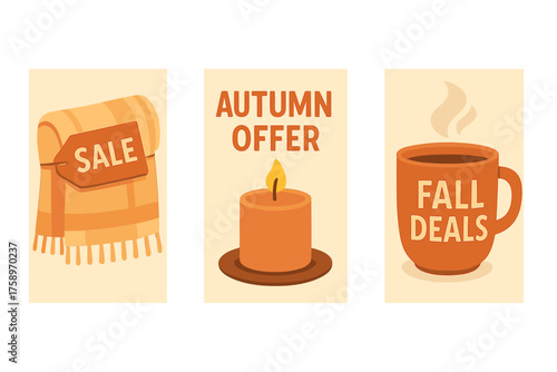 Autumn sale flat icon set. featuring scarf, candle, and mug symbols for seasonal promotions.