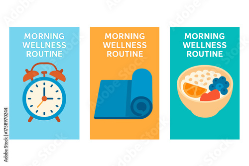 Morning routine flat icon set. featuring clock, yoga mat, and breakfast bowl symbols