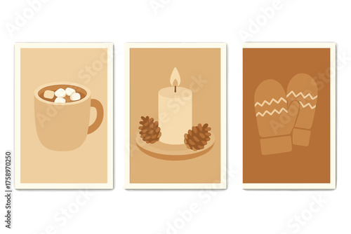 Winter essentials flat icon set. featuring hot cocoa, candle with pine cones, mittens symbols