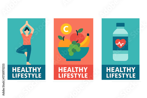 Healthy lifestyle flat icons set. featuring yoga pose, fruit bowl, water bottle