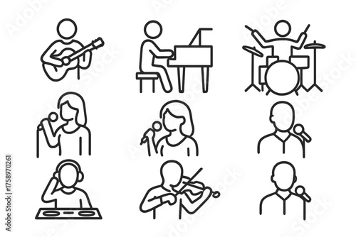 Music performer linear icon set. featuring guitar, piano, drums, singer, dj, violin symbols
