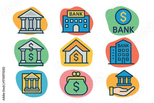 Finance flat icon set. featuring bank, coin, vault, hand, wallet, dollar, building, institution icons