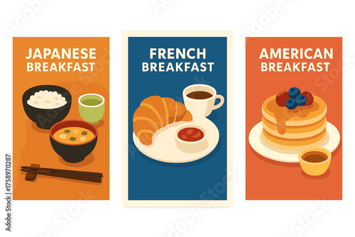 Breakfast foods flat icon set. featuring japanese, french, and american breakfast symbols