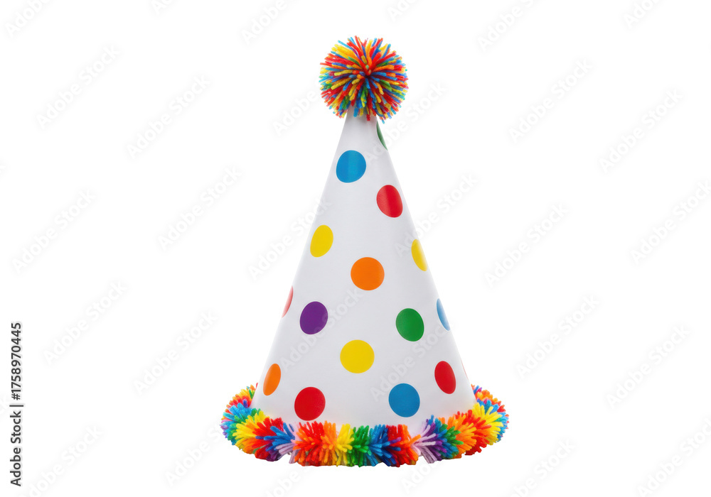 Fototapeta premium Colorful polka dot party hat with pompom and fringe isolated PNG, fun celebration headwear for birthday or festive event on transparent background