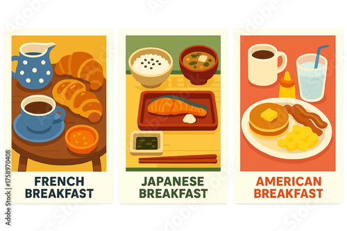 Breakfast theme flat icon set. featuring french, japanese, american cuisine icons