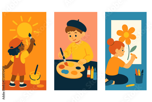Art and craft flat icon set. featuring painting, drawing, palette, brush, crayons, easel, canvas, and sun symbols