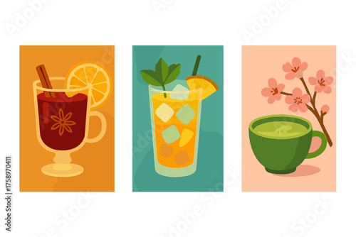 Beverage flat icon set. featuring mulled wine, orange cocktail, and matcha tea symbols
