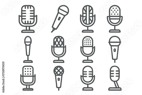 Microphones silhouette icon set. featuring retro, dynamic, condenser, studio, and handheld microphone symbols