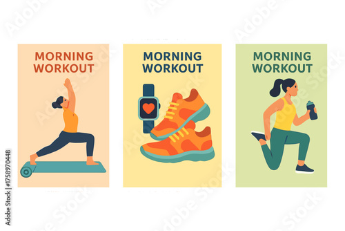 Morning workout flat icon set. featuring yoga, smartwatch, sneakers, hydration, lunges, and exercise mat symbols