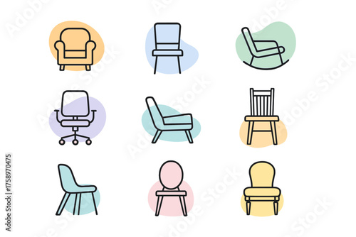 Furniture linear icon set. featuring armchair, dining chair, rocking chair, office chair, and lounge chair symbols