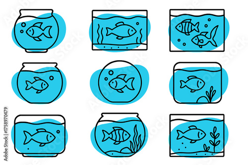 Fish aquarium linear icon set. featuring fishbowl, coral, marine, seaweed, bubble, waves, water elements