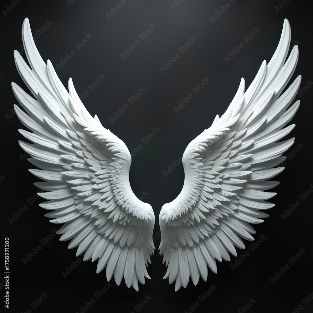 Obraz premium White angel wings on black background. The illustration features detailed feathers. Angel wings represent freedom purity faith and protection. Suitable for artistic projects and spiritual themes.