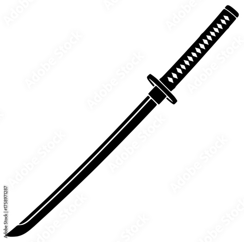 a black silhouette of a katana on a white background, black, blade, drawing, illustration, knife, sword 