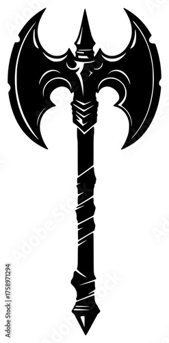 a black silhouette of a battle axe on a white background, black, logo, tattoo 