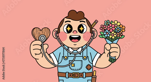 Cartoon man in overalls holds a heart stethoscope and flowers, starry eyes