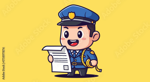 Cartoonish officer smiling, holding paperwork on a yellow background