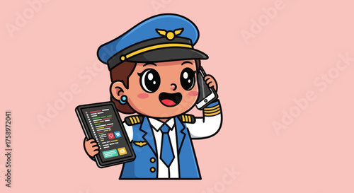 Cartoon pilot on phone holding tablet with coding on a pink background