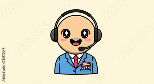 Cute cartoon character with headset, blue suit, tie, and sparkly eyes