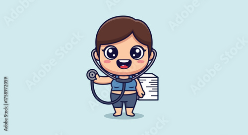 Cartoon nurse holding stethoscope and patient files