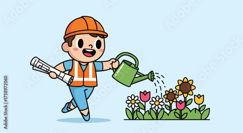Cartoon worker waters flowers
