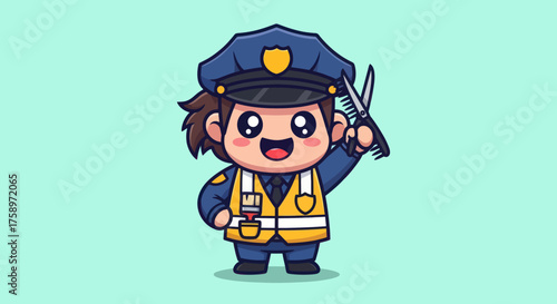 Cartoon officer with scissors and comb on a light green background