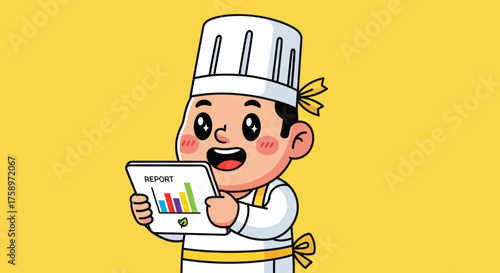 Cartoon chef smiles reading report on tablet, set against yellow